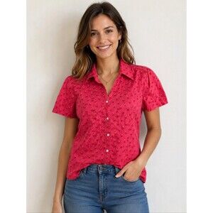 Chic Vintage Red Raspberry Button Down Cotton Blouse, Guitar Cowboys, L